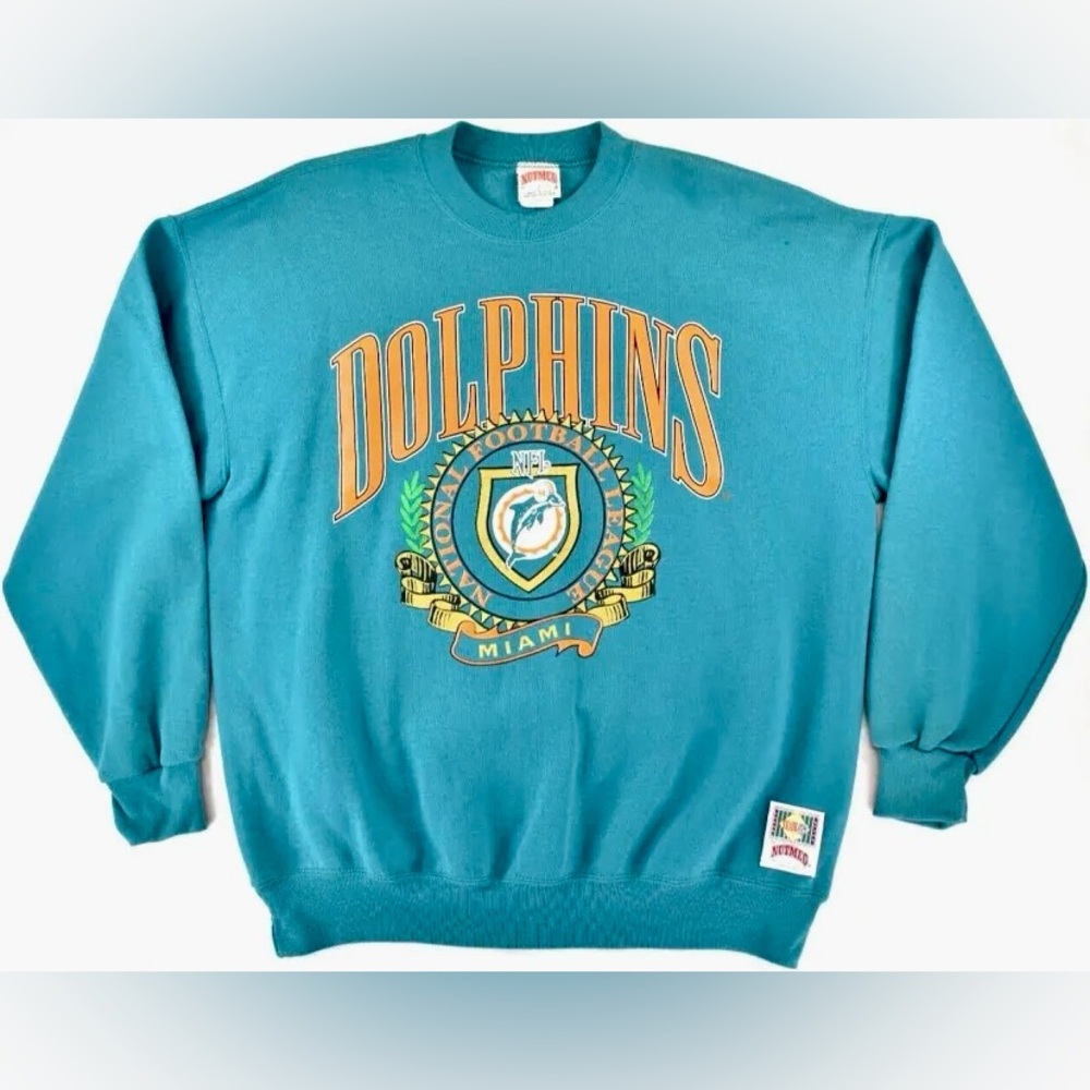 Vintage 1990s Miami Dolphins Nutmeg NFL Turquoise Orange Crewneck Sweater Mens L